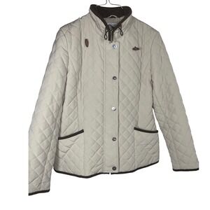 George Field Coat Cream Brown Trim Full Zip Stand Collar Women Large button &zip